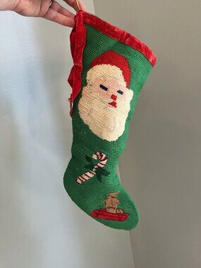 Antique Needlepoint Santa Christmas Stocking With Green Background & Red Velvet